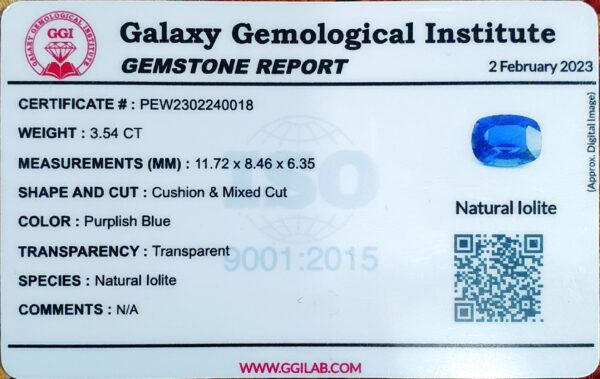 Iolite Stone Blue Natural Certified Eye Clean Untreated | 3.54 ct - Image 6