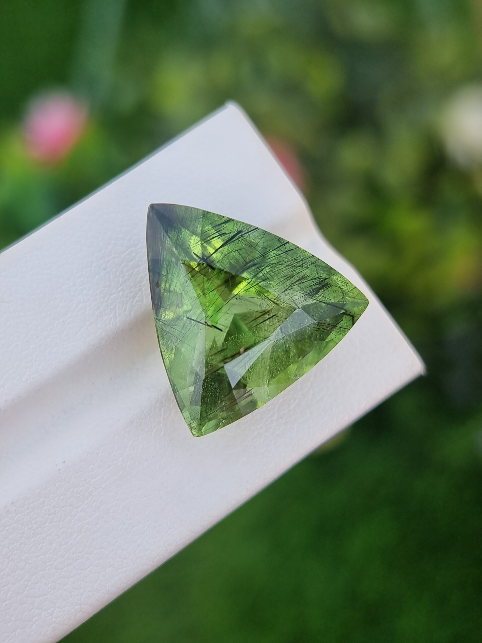 Unique 28.64 ct Rutile Peridot | Trillion Shape | Green Gemstone