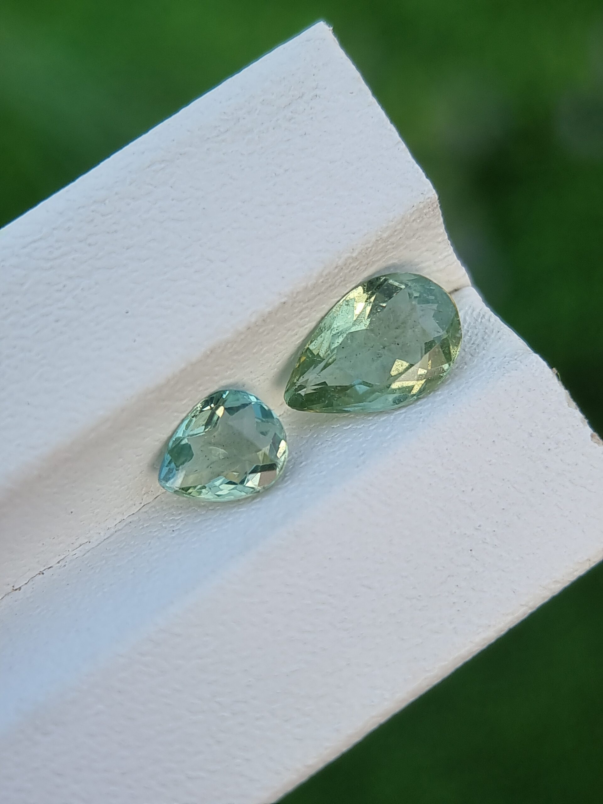 Pair of Natural Light Bluish Green Pear Cut Tourmalines from Afghanistan | 1.37 & 0.72 ct