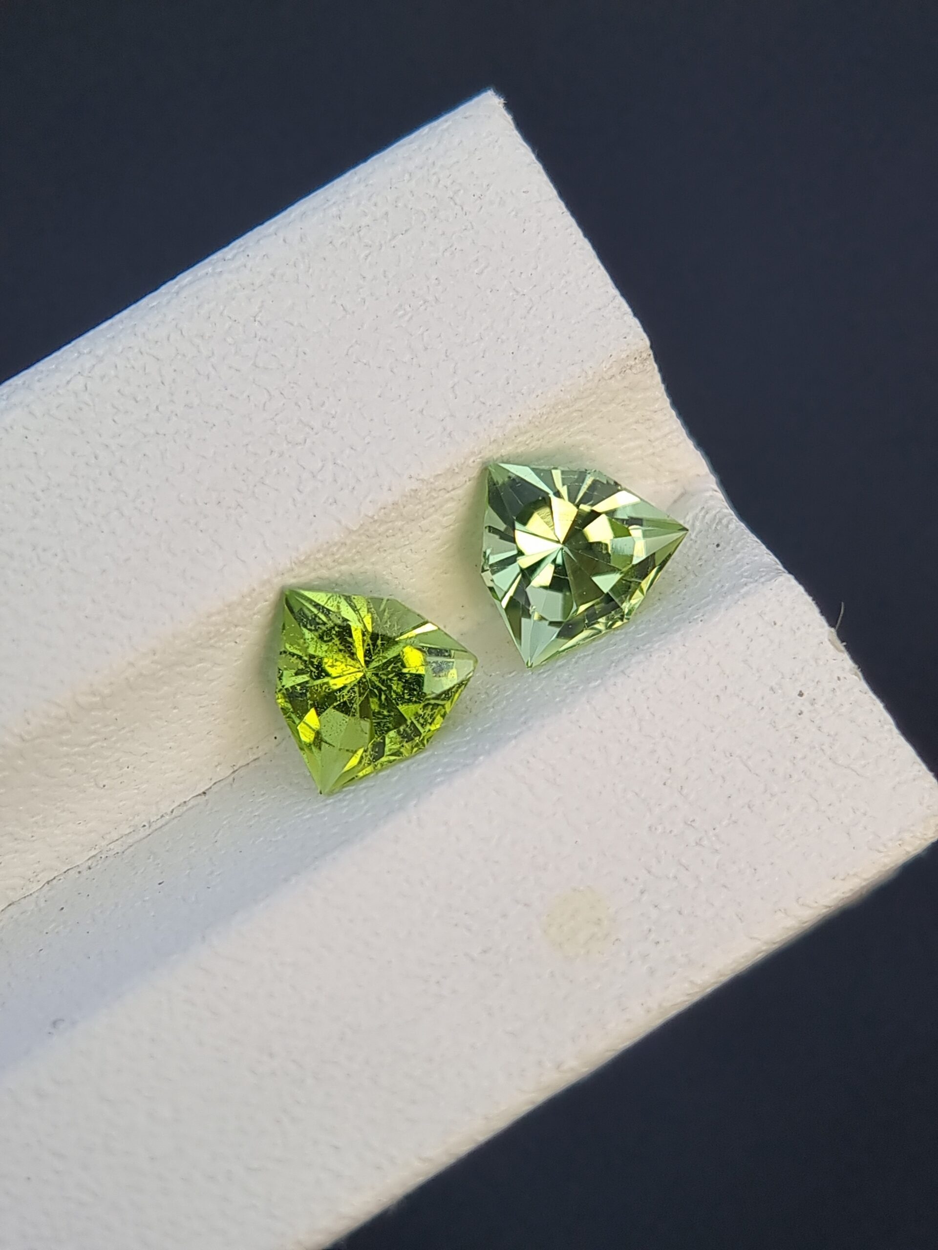 Natural Trillion-Cut Peridot Pair – 1.34 ct & 1.29 ct, From Pakistan