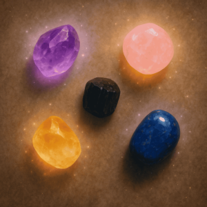 Flat lay photo of five glowing healing crystals — amethyst, rose quartz, black tourmaline, citrine, and lapis lazuli — arranged on a warm, earthy background with soft mystical lighting.