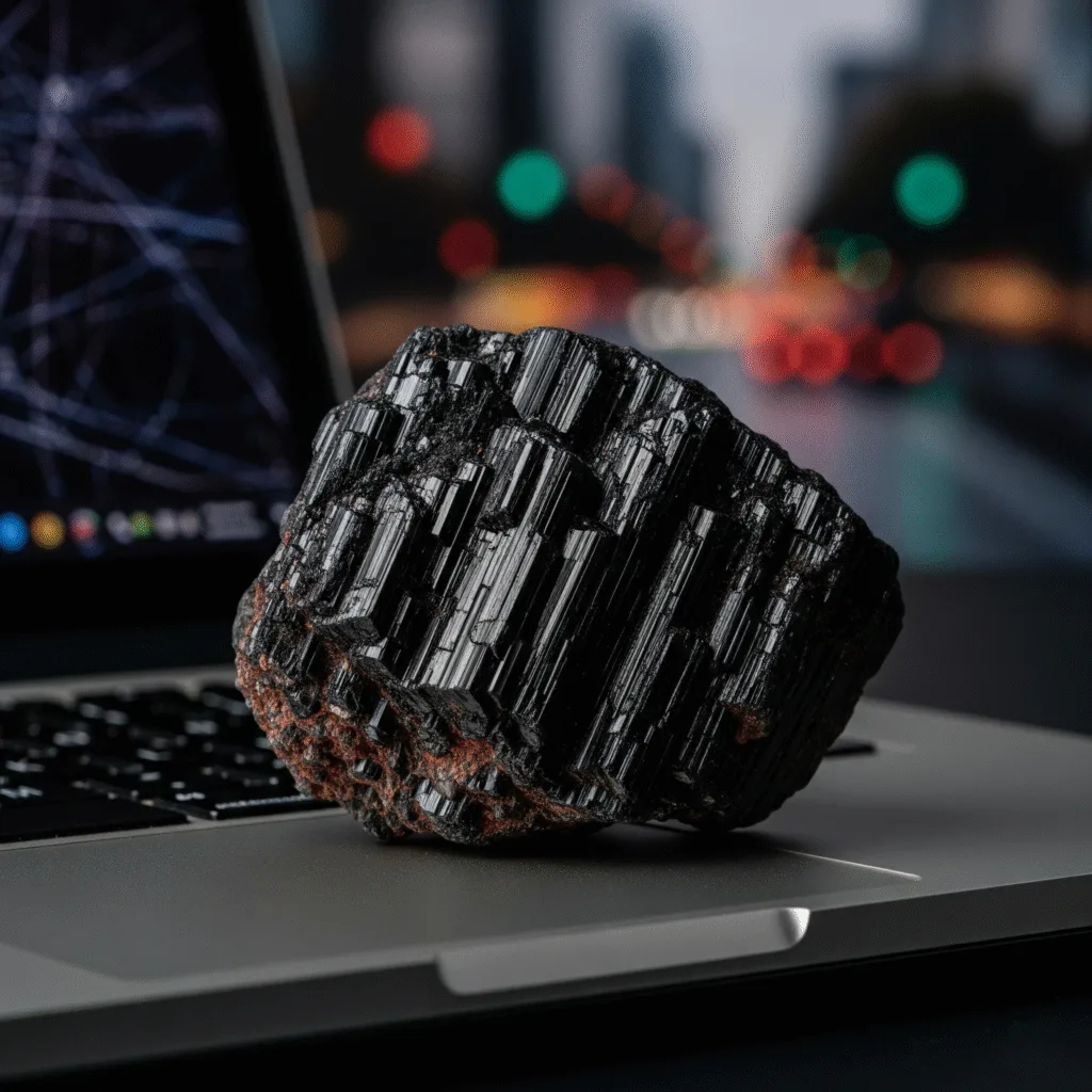 Black Tourmaline: EMF Shielding, Grounding, and Energetic Protection A rough black tourmaline crystal rests on a laptop, offering protection and grounding against a blurred city backdrop.