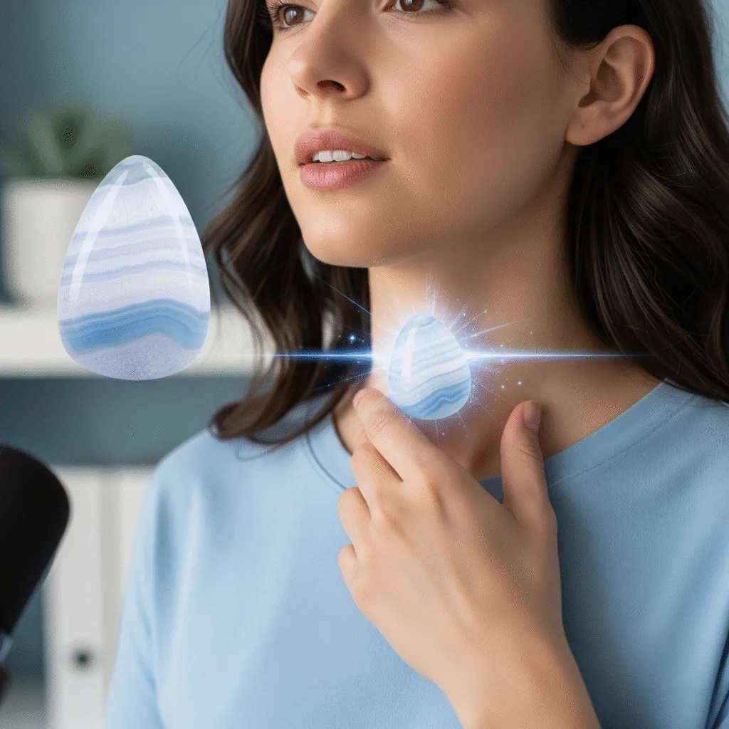 Blue Lace Agate: Communication, Clarity, and Throat Chakra Confidence A blue lace agate crystal glows near a person's throat, representing clear communication and confident self-expression.