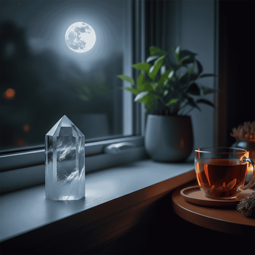 Clear Quartz crystal placed on a windowsill under a full moon, with moonlight shining gently, representing the spiritual cleansing and recharging of healing crystals.
