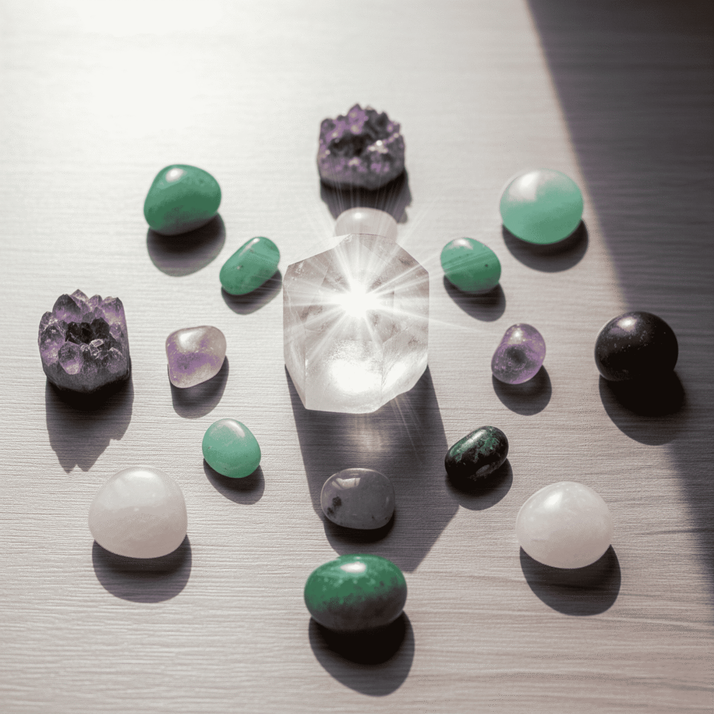 Crystal grid featuring Clear Quartz in the center, surrounded by healing stones like Amethyst, Bloodstone, and Green Aventurine, arranged on a natural surface for energy amplification.
