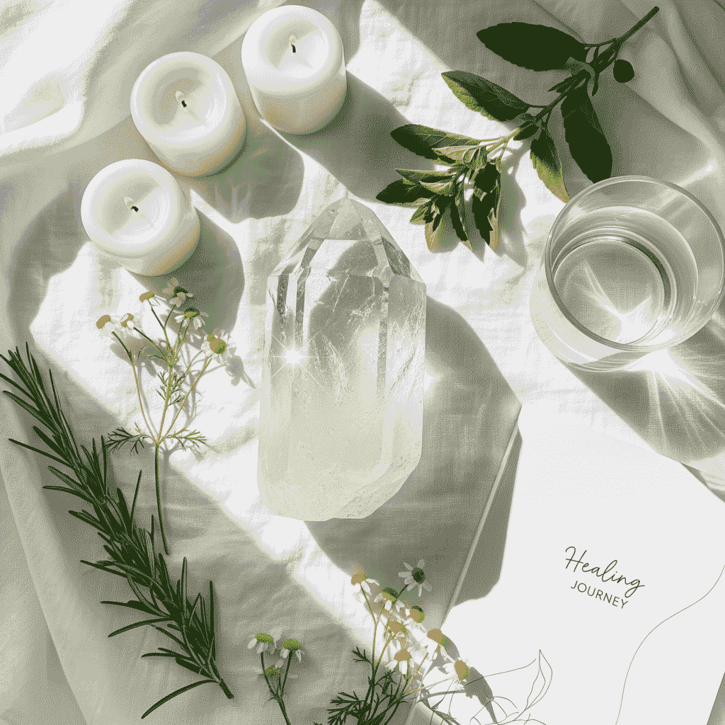 Flat lay of a clear quartz crystal surrounded by white linens, healing herbs, candles, and a journal titled 'Healing Journey,' styled in a clean, natural wellness setting to represent crystal healing for sickness and recovery.