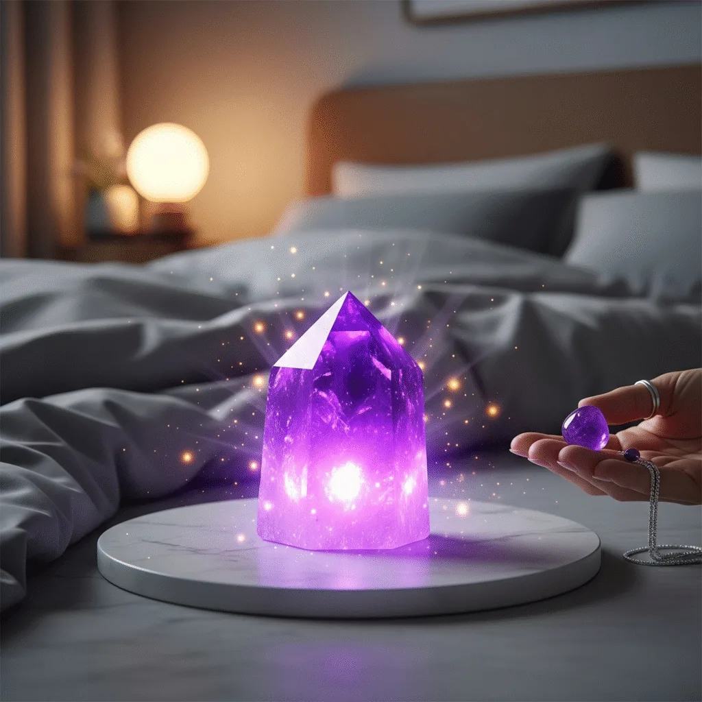 **A glowing purple amethyst crystal sits on a marble surface next to a bed, with a hand gently holding a smaller amethyst, symbolizing peace and restful sleep.**