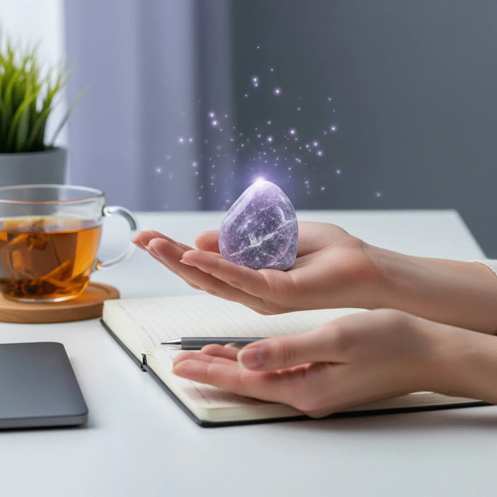 Lepidolite Crystal: Stress Relief, Mental Clarity, and Emotional Stability A person's hand gently holds a calming lavender lepidolite crystal on a desk beside a notebook and cup of tea, promoting mental clarity and stress relief.