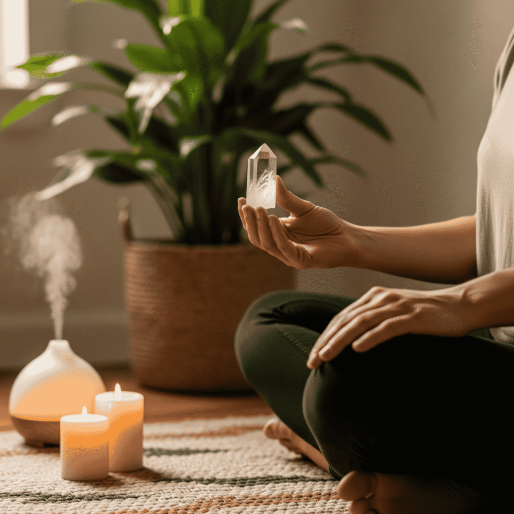 Individual meditating indoors with a Clear Quartz crystal in hand, surrounded by warm candlelight and a calm setting, reflecting the use of crystals in daily healing practices.