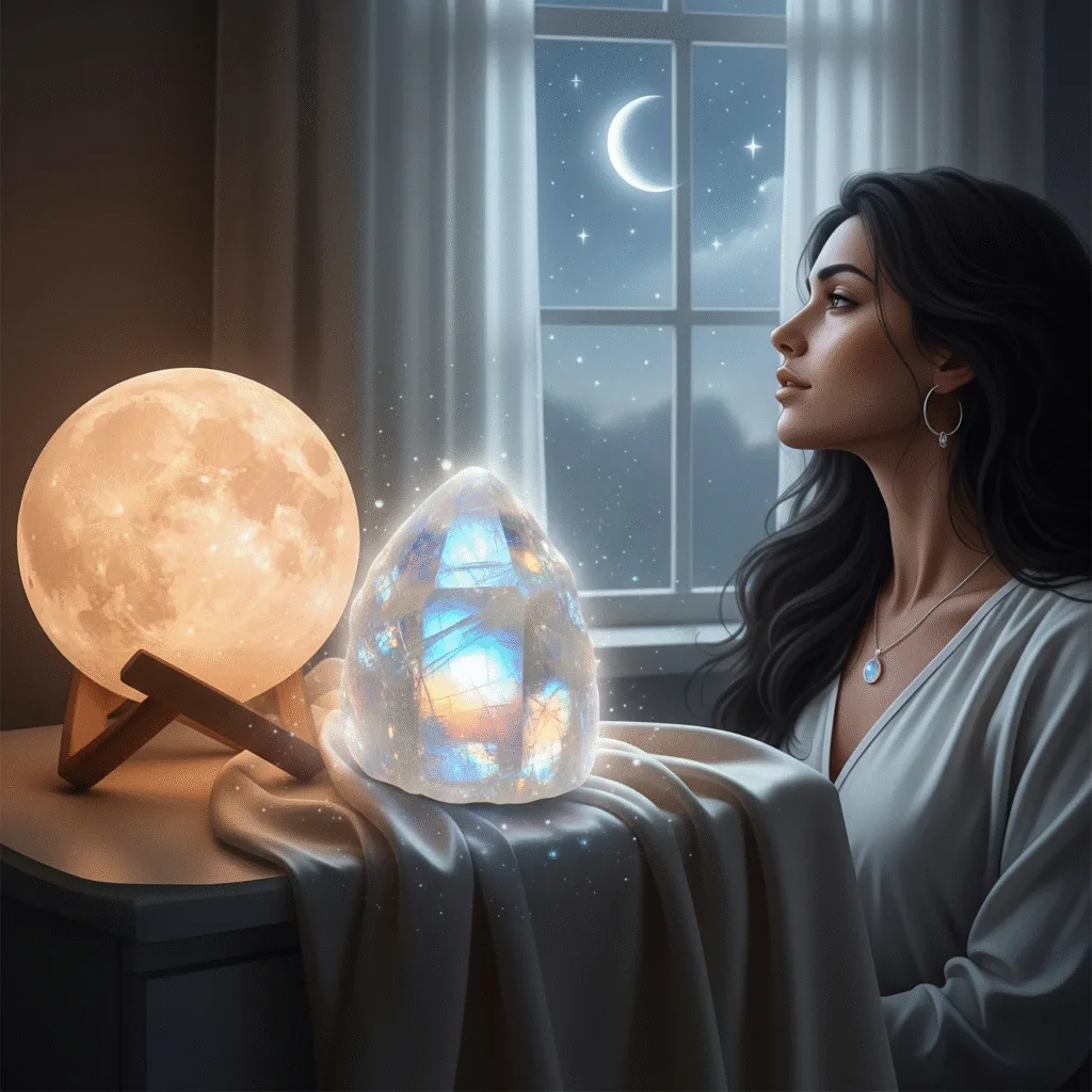 Moonstone Crystal: Intuition, Emotional Balance, and Feminine Energy A glowing moonstone crystal sits on a nightstand with a moon lamp beside a woman wearing a moonstone pendant, all under a crescent moon, signifying intuition and emotional balance.