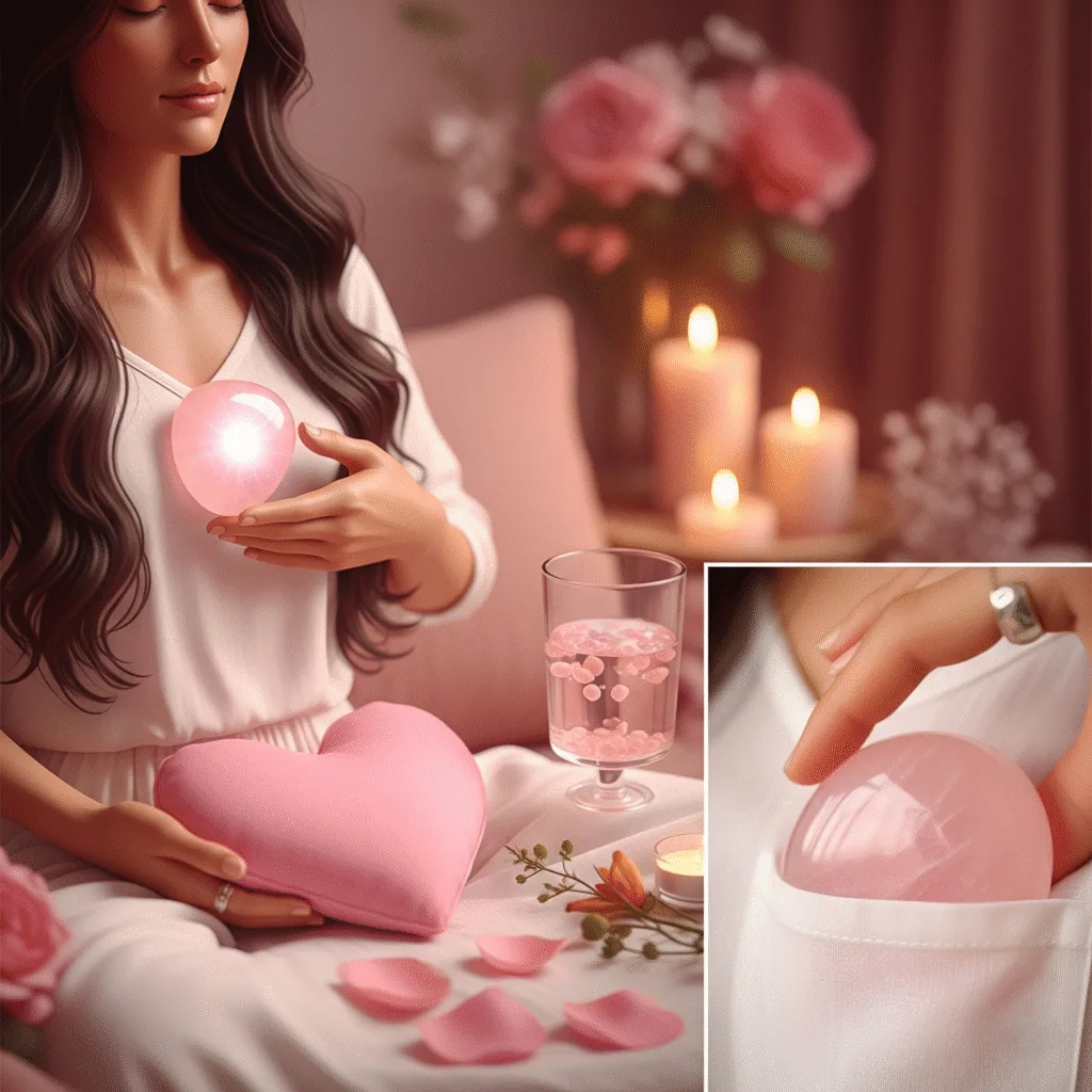 Rose Quartz Crystal: Self-Love, Healing, and Inner Peace A glowing pink rose quartz crystal is held over the heart of a meditating person, with rose petals and a glass of crystal-infused water nearby, symbolizing self-love and emotional healing.