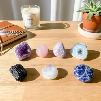 A flat lay of seven healing crystals—amethyst, rose quartz, lepidolite, blue lace agate, black tourmaline, moonstone, and sodalite—arranged with a candle and journal on a wooden table, symbolizing mindfulness and anxiety relief.