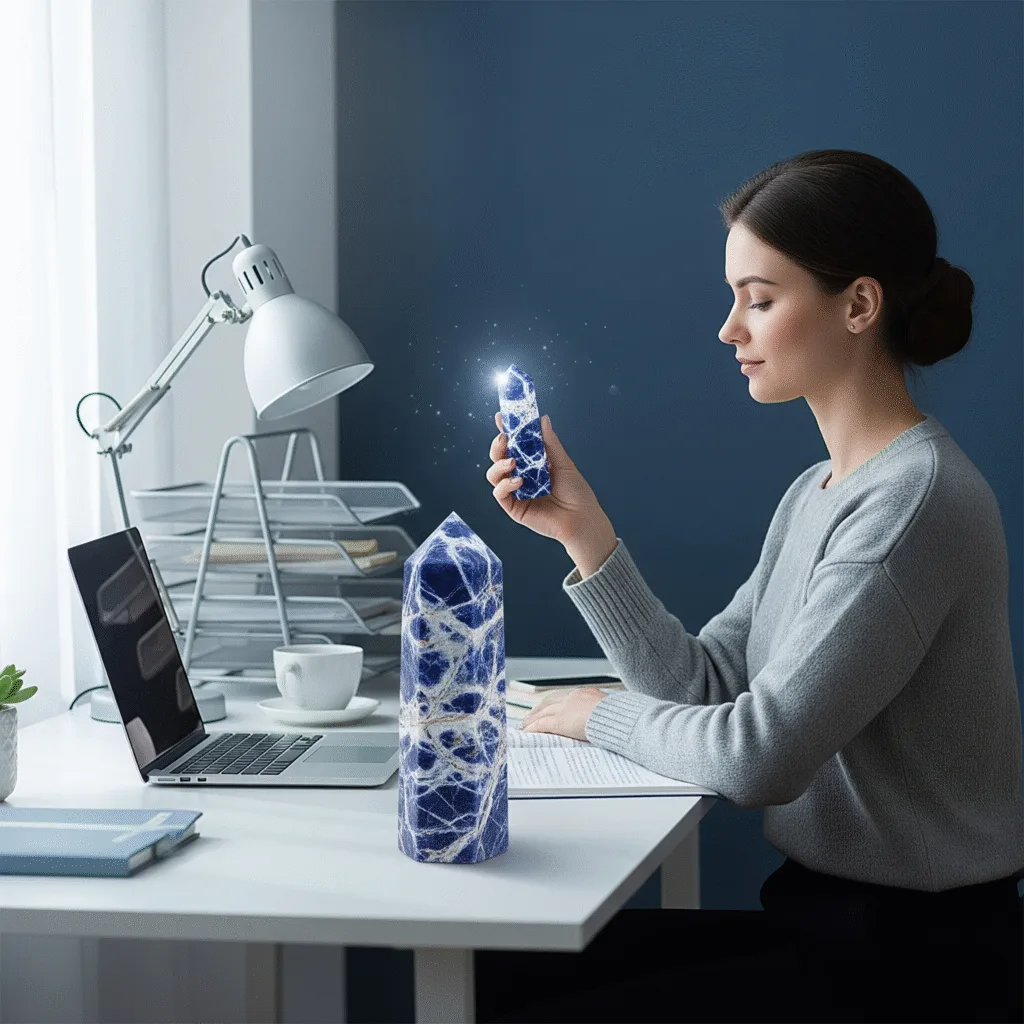 Sodalite Crystal: Mental Clarity, Focus, and Rational Thinking A deep blue sodalite crystal is held by a person at a tidy desk with a laptop, representing mental peace and intellectual focus.