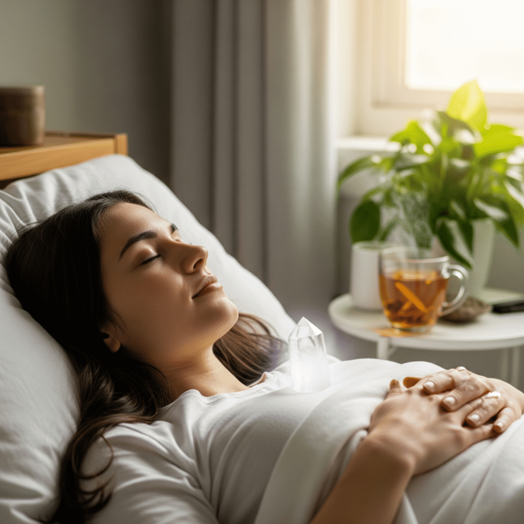 Person resting in bed with a Clear Quartz crystal on their chest, bathed in soft natural light, representing comfort, energy balance, and support during physical sickness.