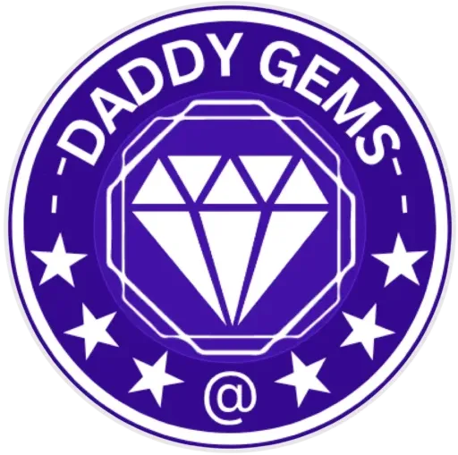 Daddy Gems logo showing a white diamond icon and stars on a purple circle with the words “DADDY GEMS”